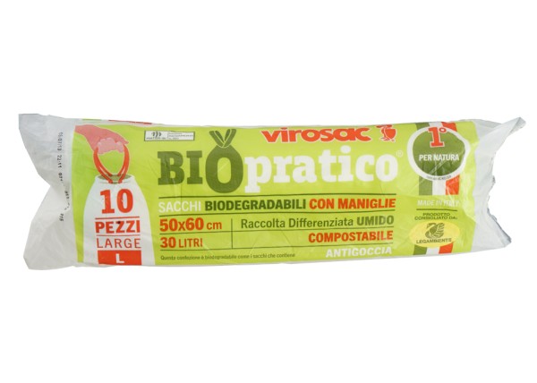 10 Sacchi Rifiuti Biodegradabili+Maniglie 30L 50X60cm Virosa